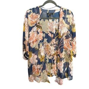 Style & Co. Navy Floral Open-Front Kimono with Orange & Gold Accents